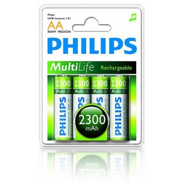 PILHAS RECARREGAVEIS AA PHILIPS MULTILIFE 2300mAh EMBALAGEM COM 04 UNIDADES - PHILIPS